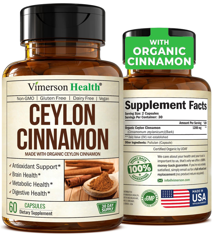 Organic Ceylon Cinnamon Capsules - Ceylon True Cinnamon Supplements (Canela de Ceylan) for Inflammation Balance, Cognitive Function, Metabolic, Antioxidant Support. Non-GMO. Vegan. 60 Caps Made in USA
