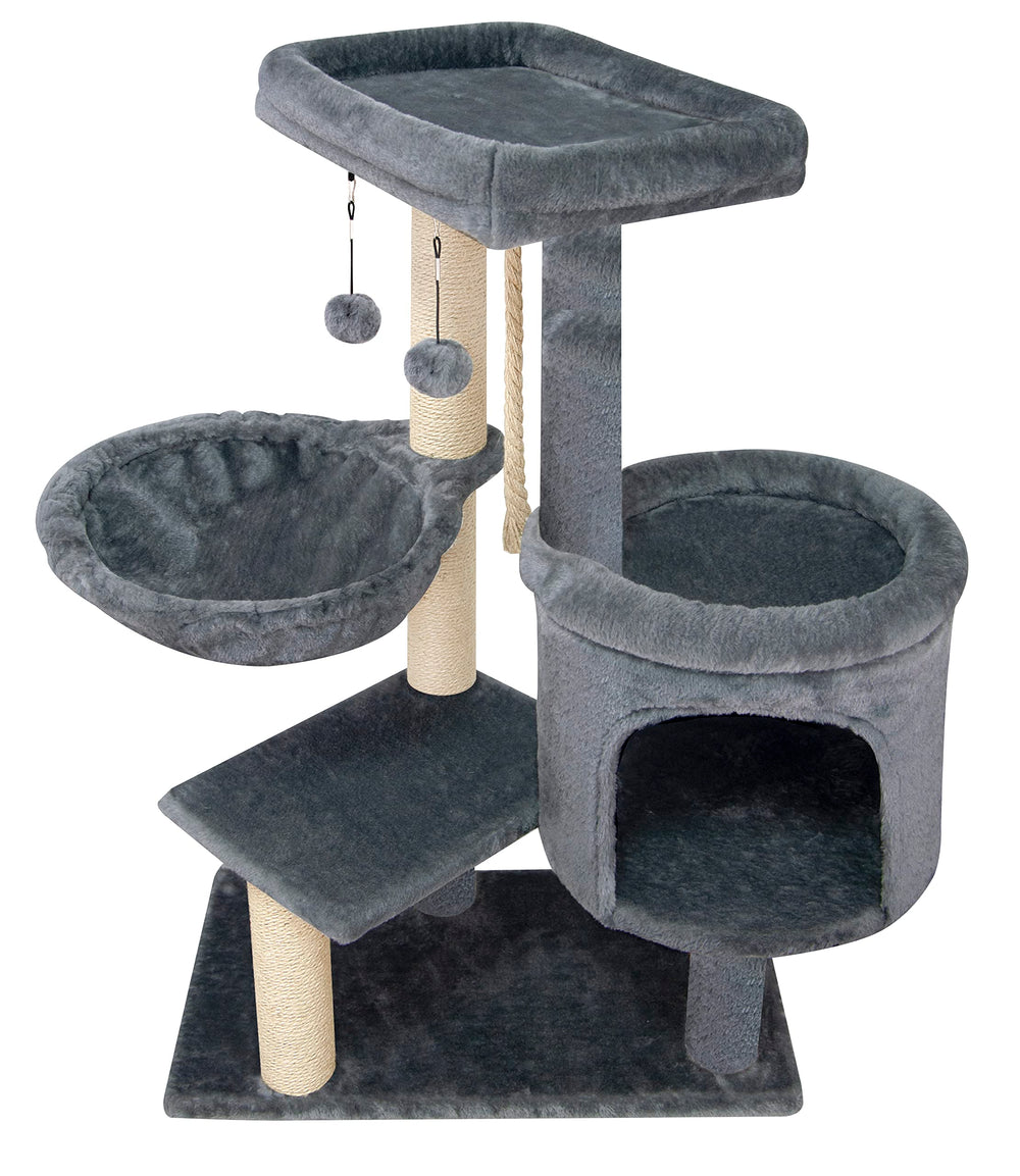 YOUPET 35'' Fashion Design Cat Tree with Cat Condo and Scratching Ramp for Indoor Cats, Activity Center Cat Furniture with Cozy Hammock and Hanging Balls, Grey
