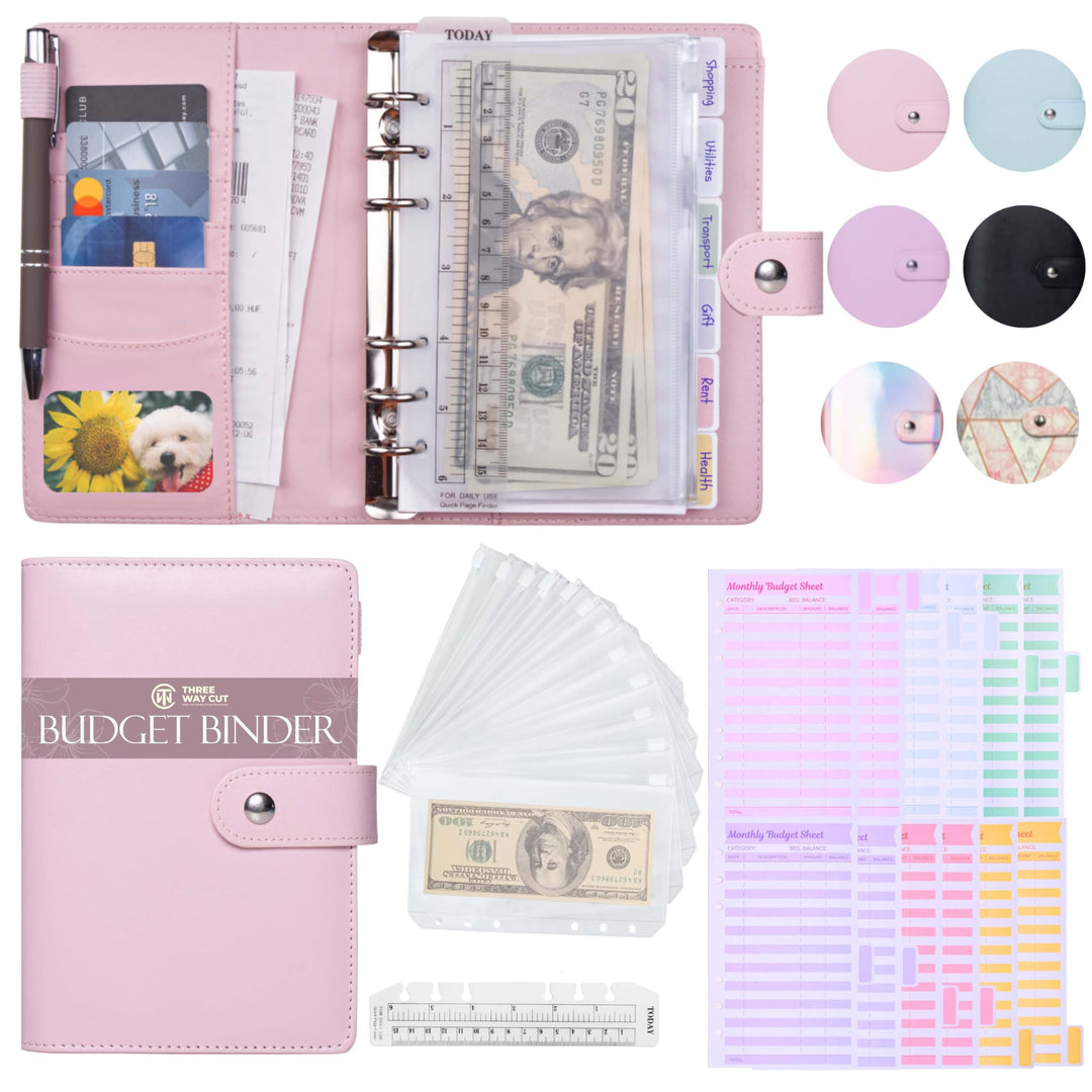 Budget Binder With Zipper Envelopes - A6 Budget Binder Wallet, Bulk Cash Envelope &amp; Budget Planner Expense Sheets, Money saving binder Budget Book, Money binder, organizer &amp; cash stuffing-Pink Leather