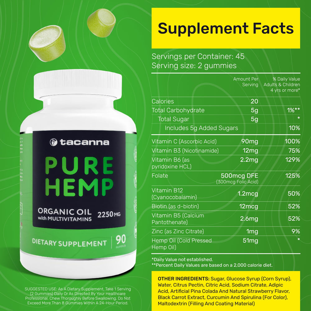 Hemp Gummies - Oil Gummies for Adults with Vitamins C, B3, B6, B12, Biotin, B5 & Zinc for Better Sleep & Calm - Hemp Candy Supplement with Multivitamins & Omega 3, 6, 9-90 Count