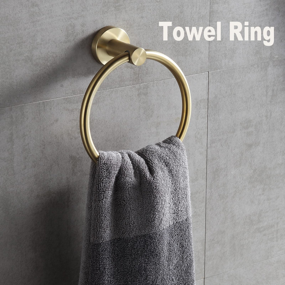 4 PCS Bathroom Hardware Set,Brushed Gold SUS304 Stainless Steel Wall Mounted Bathroom Accessories Gold Kit Include Hand Towel Ring,Brushed Gold Toilet Paper Holder,and 2 Robe Towel Hooks