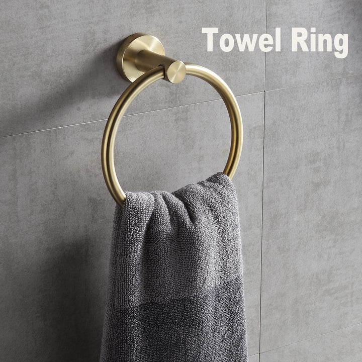 4 PCS Bathroom Hardware Set,Brushed Gold SUS304 Stainless Steel Wall Mounted Bathroom Accessories Gold Kit Include Hand Towel Ring,Brushed Gold Toilet Paper Holder,and 2 Robe Towel Hooks