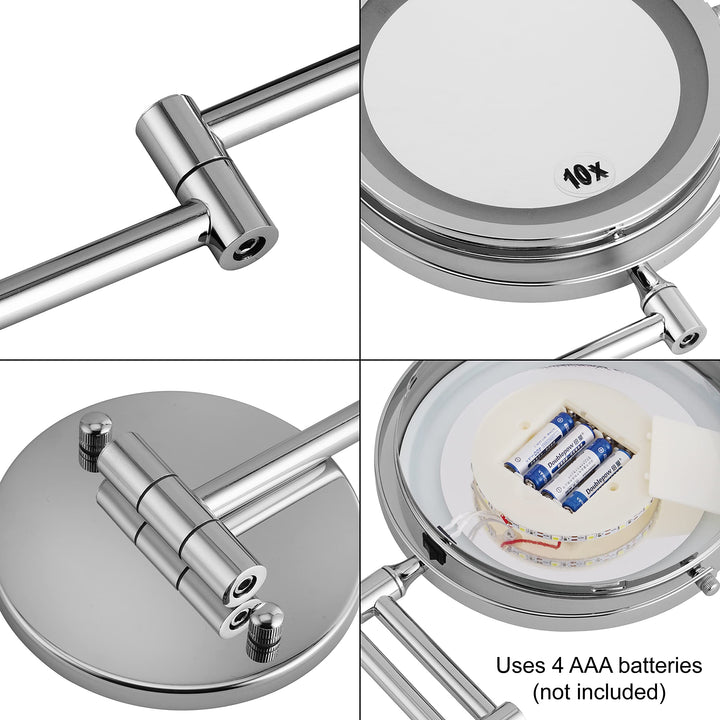 Wall Mounted Makeup Mirror with LED Lights and 1X/10X Magnifying 360° Swivel Extendable Vanity Mirror for Bathroom, Powered by Batteries (Not Included) 8 Inch,Chrome