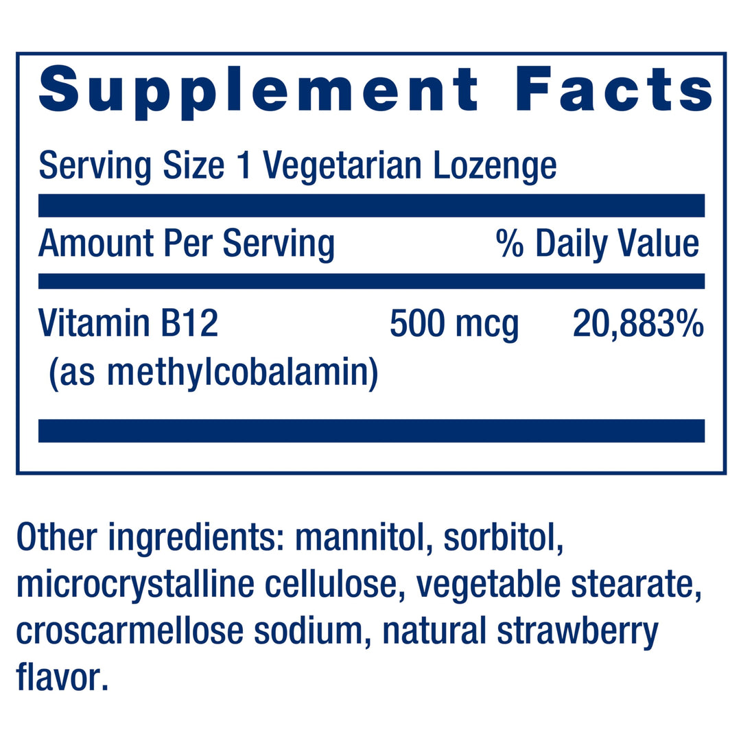 Vitamin B12 Methylcobalamin 500mcg - Vitamin B12 Supplement for General Energy and Brain Health - Sugar Free Vegetarian Lozenges Dissolve in Your Mouth - Once Daily - 100 Count
