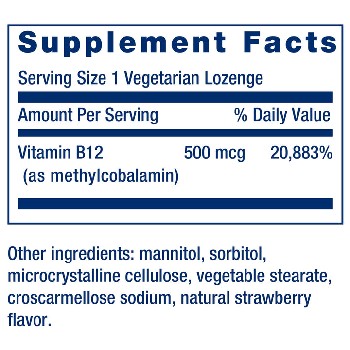 Vitamin B12 Methylcobalamin 500mcg - Vitamin B12 Supplement for General Energy and Brain Health - Sugar Free Vegetarian Lozenges Dissolve in Your Mouth - Once Daily - 100 Count