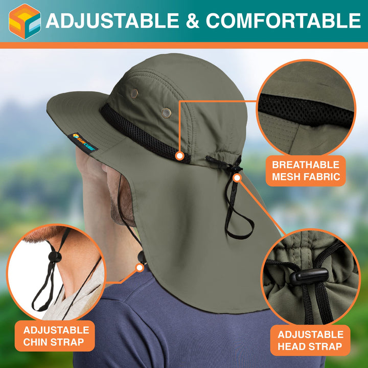 Sun Hat for Men, Wide Brim Fishing Hat Neck Flap Cover Men Women, Hiking Safari, UV Sun Protection Summer Gardening Beach Camping UPF 50+, Olive