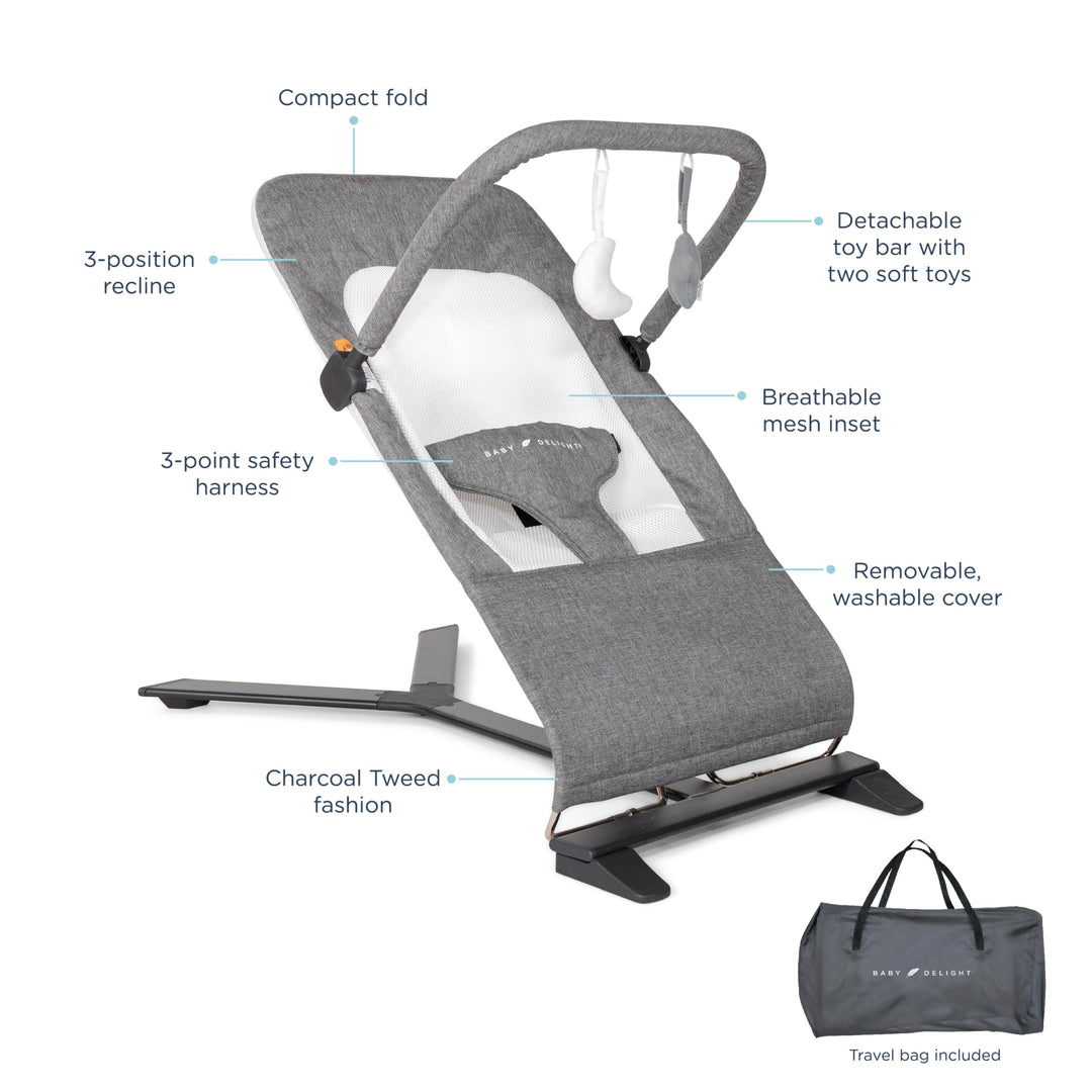 Baby Delight Alpine Deluxe Portable Bouncer | Infant | 0 – 6 months | Charcoal Tweed