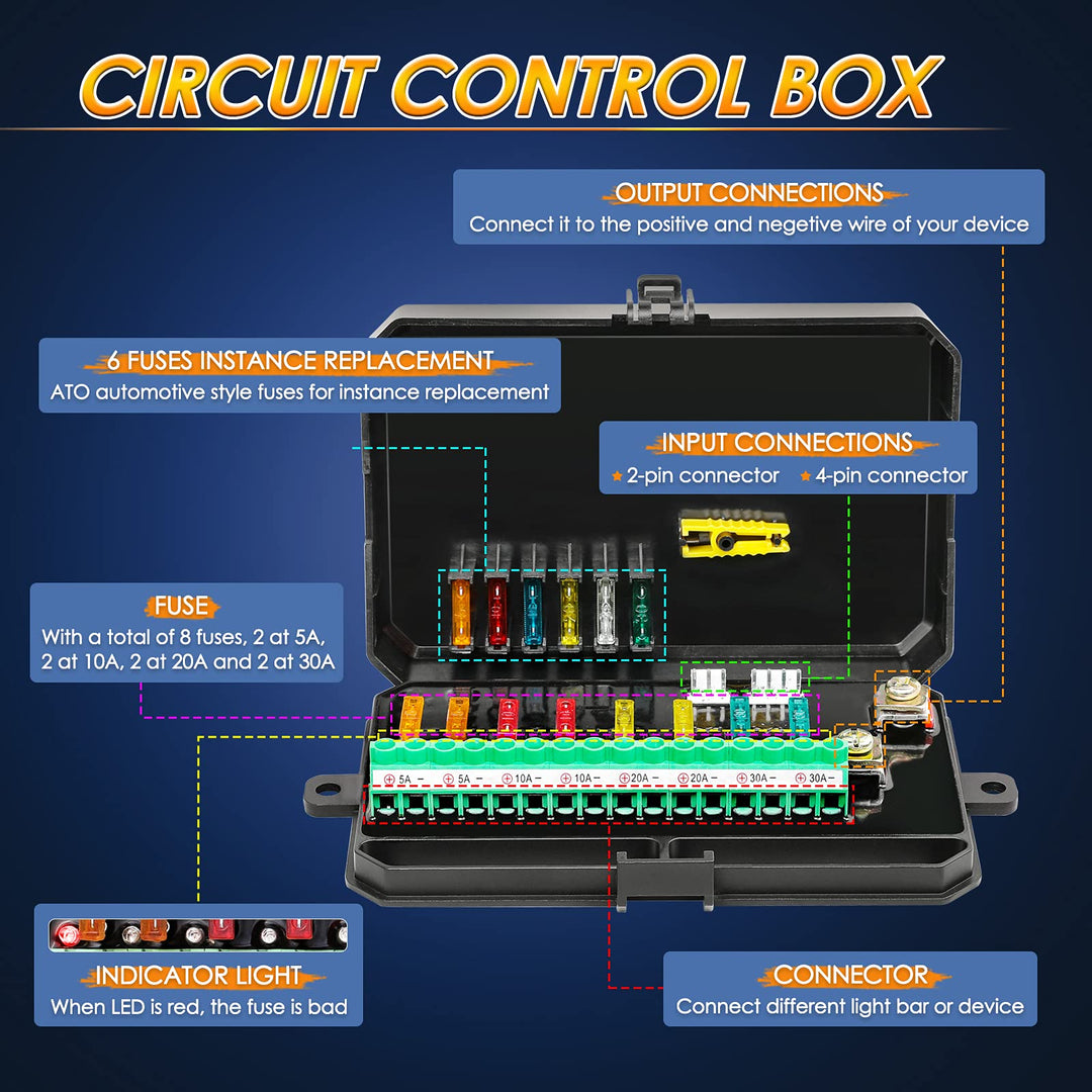 8 Gang Switch Panel, Universal Circuit Control Relay System Switch Box 8 On-Off Switch Pod Touch Control Panel Box with Label Stickers and Harness for Truck Pickup SUV UTV Boat Wrangler