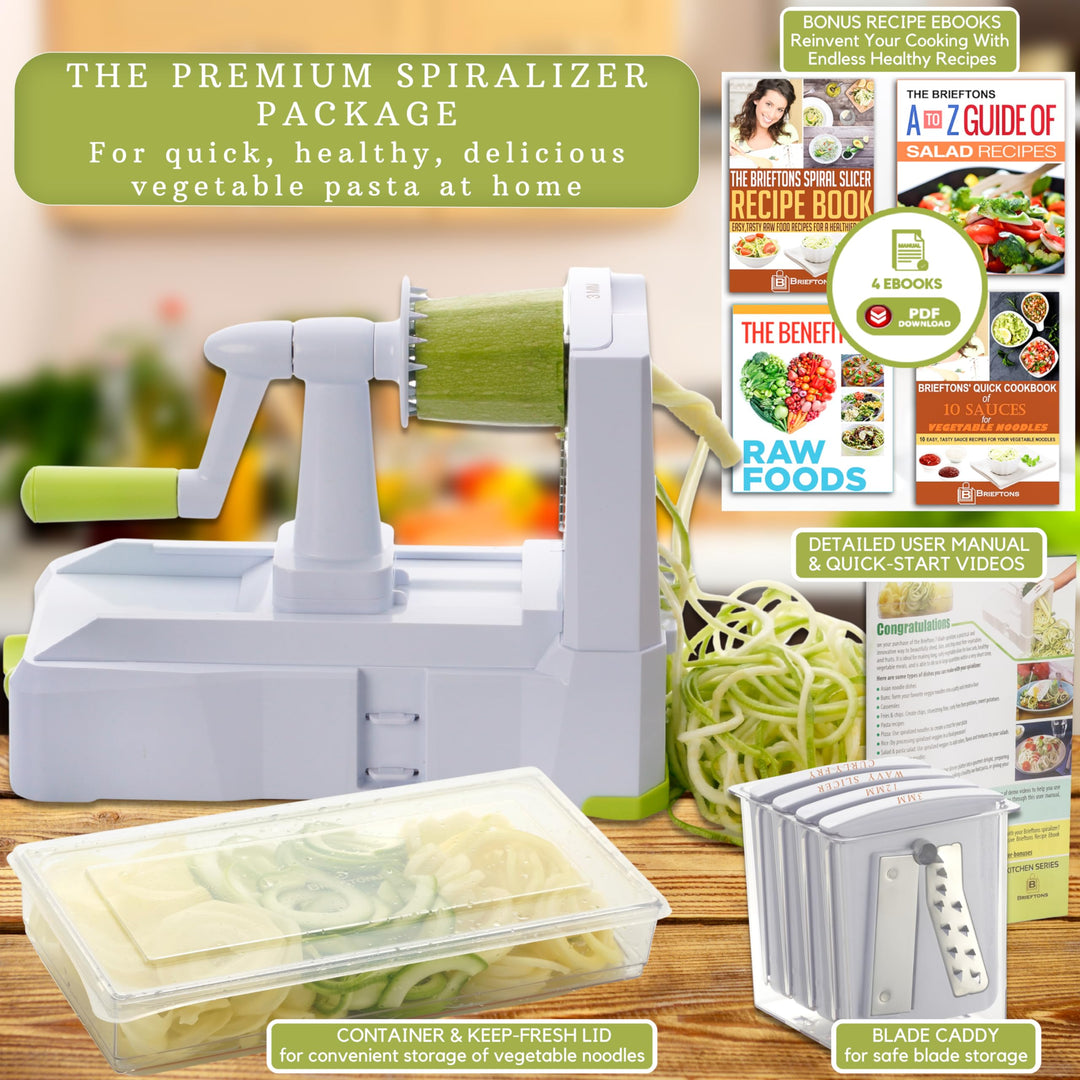 7-Blade Vegetable Spiralizer: Strongest-Heaviest Spiral Slicer, Best Veggie Pasta Spaghetti Maker for Low Carb/Paleo/Gluten-Free Meals, With Container, Lid, Blade Caddy &amp; 4 Recipe Ebooks