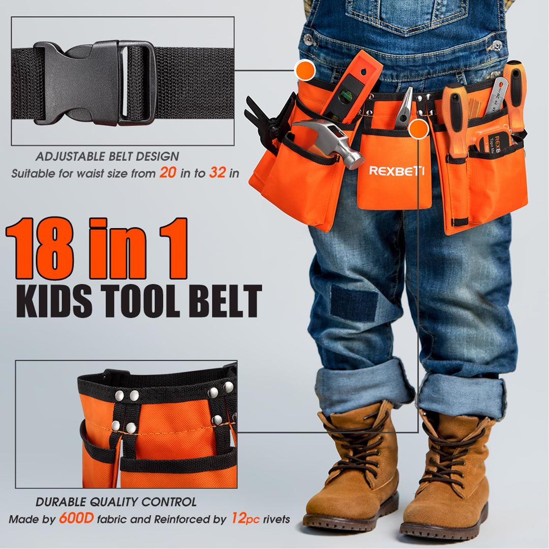 REXBETI 18pcs Young Builder&#39;s Tool Set with Rea