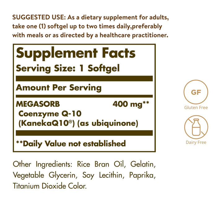 Solgar Megasorb CoQ-10 400 mg, 60 Softgels - Supports Heart &amp; Brain Function - Coenzyme Q10 Supplement - Enhanced Absorption - Gluten Free, Dairy Free - 60 Servings