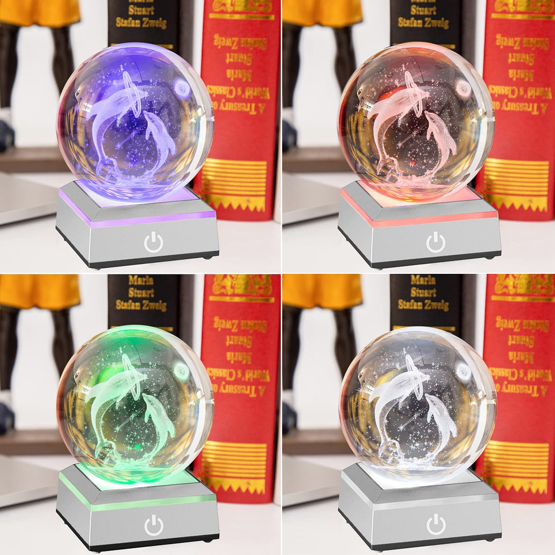 3D Dolphin Crystal Ball with Lighted Base Dolphin Gifts for Mom Women Decorative Glass Ball Night Light Engraved Dolphin Sphere Decoration Gifts for Mothers Day Birthday Anniversary