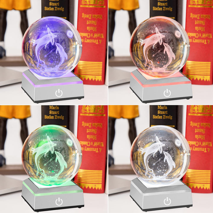 3D Dolphin Crystal Ball with Lighted Base Dolphin Gifts for Mom Women Decorative Glass Ball Night Light Engraved Dolphin Sphere Decoration Gifts for Mothers Day Birthday Anniversary