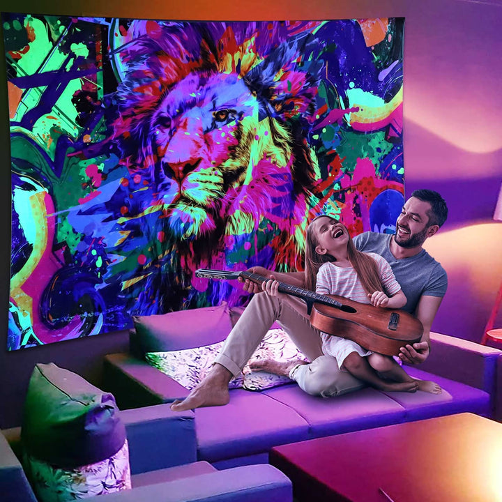 Blacklight Lion Tapestry Glow In the Dark, UV Reactive Black Light Posters Tapestries for Men Boys Room Bedroom Aesthetic Dorm Decor (30 x 40)