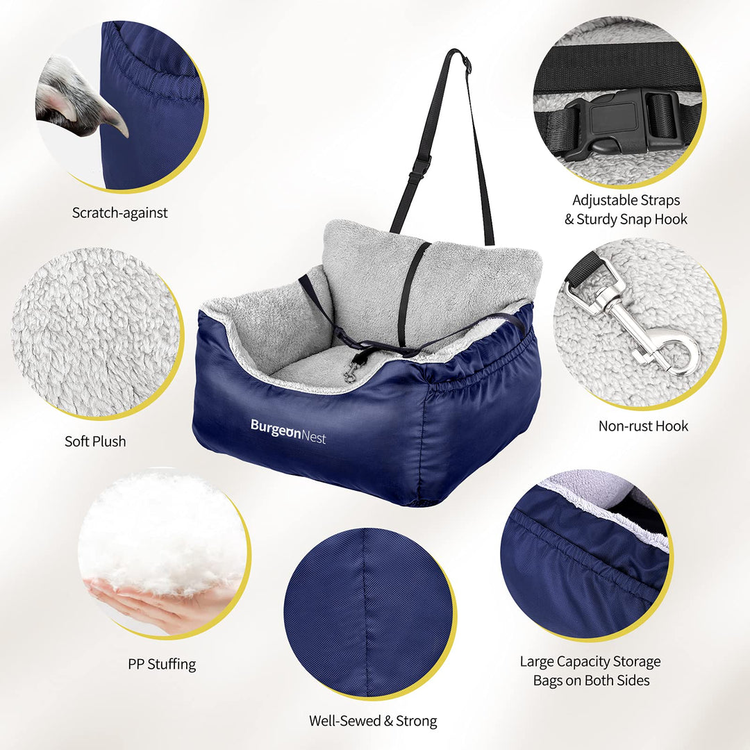 Dog Car Seat for Small Dogs, Fully Detachable and Washable Cat Carseats Under 25 lbs, Soft Pet Booster Seats with Storage Pockets and Clip-On Leash Portable Car Travel Carrier Bed, Blue
