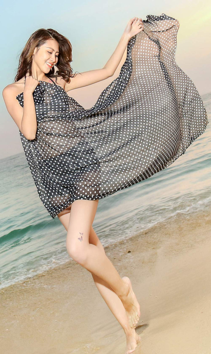 Women&#39;s Swimsuit Cover up Sarong Chiffon Beach Bikini Pareo Wrap (S07 Black W White Polka Dot)