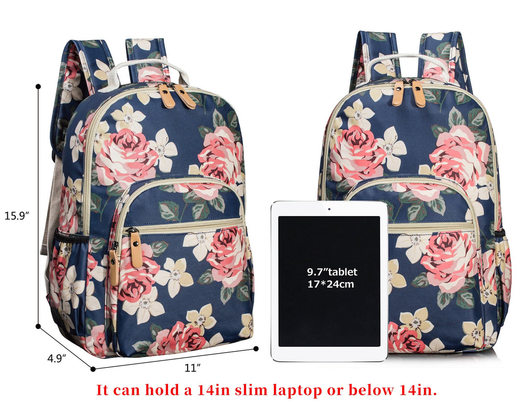Floral School Backpack for Girls Travel Bag Bookbag Satchel Dark Blue