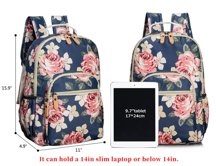 Floral School Backpack for Girls Travel Bag Bookbag Satchel Dark Blue