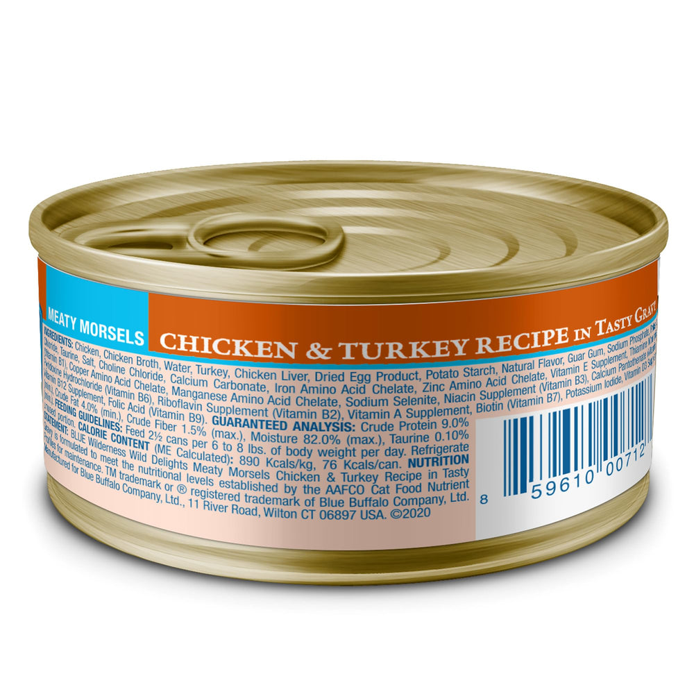 Wilderness Wild Delights Meaty Morsels Wet Cat Food, High-Protein & Grain-Free, Made with Natural Ingredients, Chicken & Turkey Recipe in Tasty Gravy, 3-oz. Cans (24 Count)