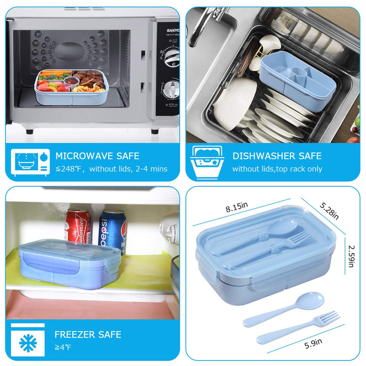 Bento Box for Kids Lunch Containers with 4 Compartments Kids Bento Lunch Box Microwave/Freezer/Dishwasher Safe (Flatware Included,Light Blue)