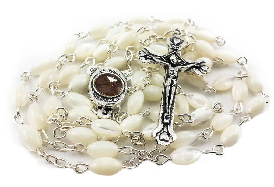 Natural Pearl Rosary Beads Catholic Necklace Jerusalem Holy Soil Meda and Silverl Cross