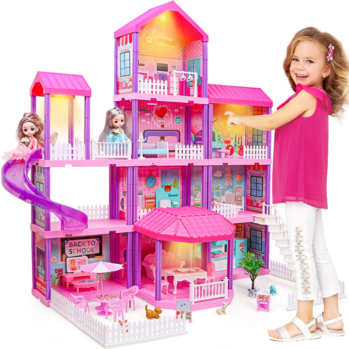 Doll House, Dream Dollhouse for Girls,Doll Houses 4-5 7-8 Year Old with 4 Stories -11 Rooms, 2 Dolls and Furniture, Princess Dollhouse 2024 Christmas Toy Gifts for 3 4 5 6 7 8+ Year Old Girls