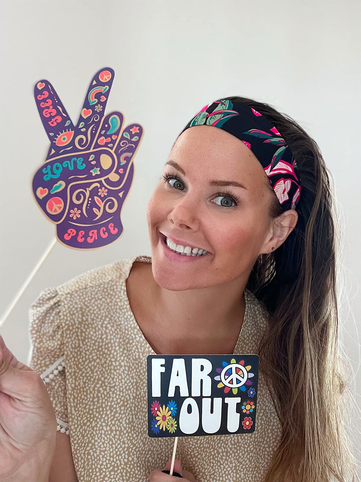 60s Photo Booth Props - 41-pc Photo Booth Kit with 8 x 10-Inch Sign, 60 Adhesive Pads, 45 Sticks - Hippie Photo Booth Props - 1960 Party Supplies - Props for Woodstock Party