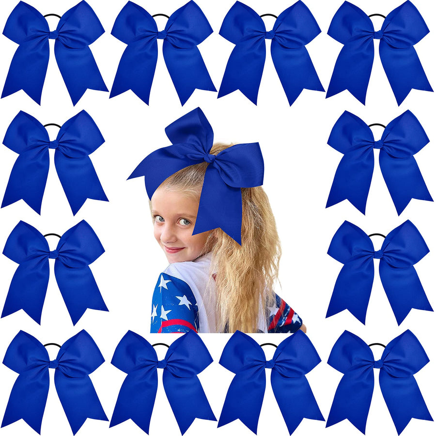 12PCS 8 Large Cheer Bow Blue Ponytail Holder Elastic Band Hair Ties Hair Bow Accessories for Cheerleading Teen Girls High School College Softball Competition Sports