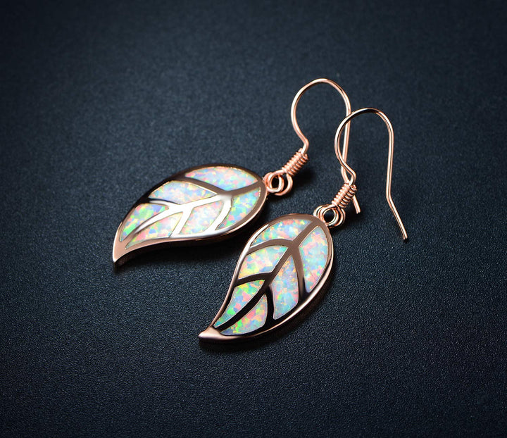 18K Rose Gold Plated Created White Opal Leaf Drop Earrings (Rose Gold)