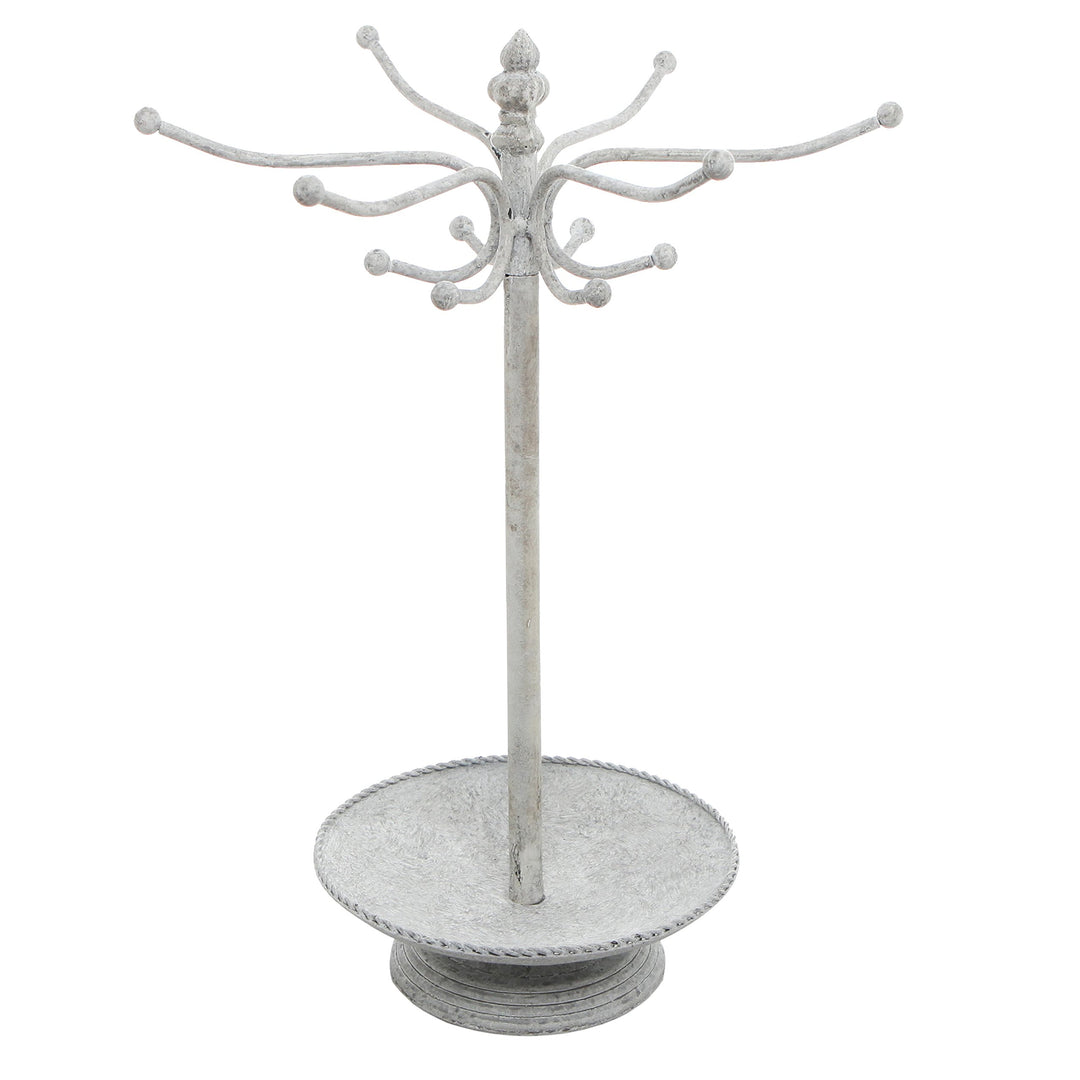 Vintage White Metal Necklace and Bracelet Organizer Jewelry Stand with 12 Hooks and Ring Dish Tray, Multipurpose Accessory and Keychain Holder Display Rack