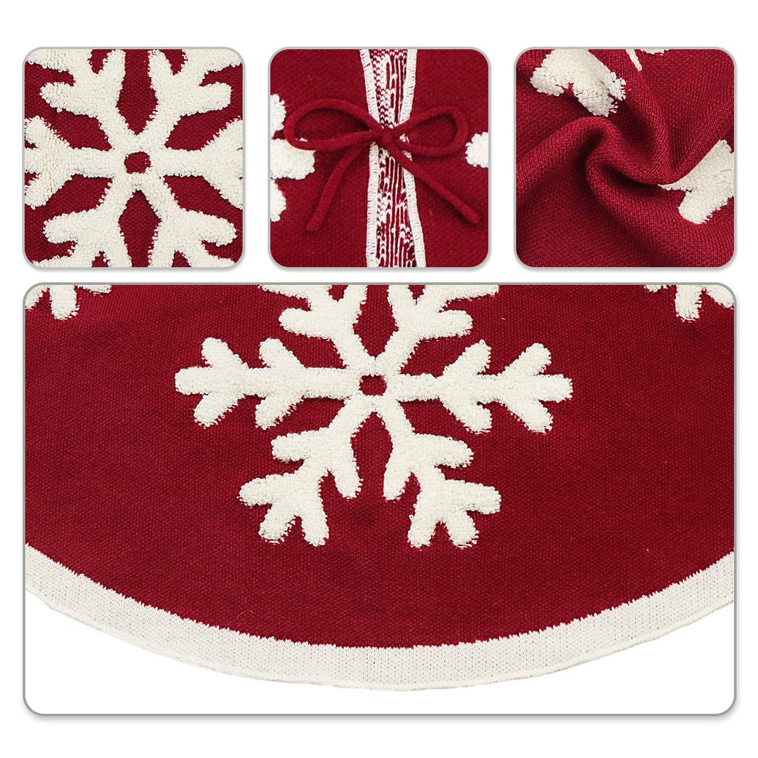 Knitted Christmas Tree Skirt, 48 Inches Knitted Christmas Decorations, Wine Red Heavy Yarn Xmas Holiday Decoration with White Snowflakes, Burgundy and Cream
