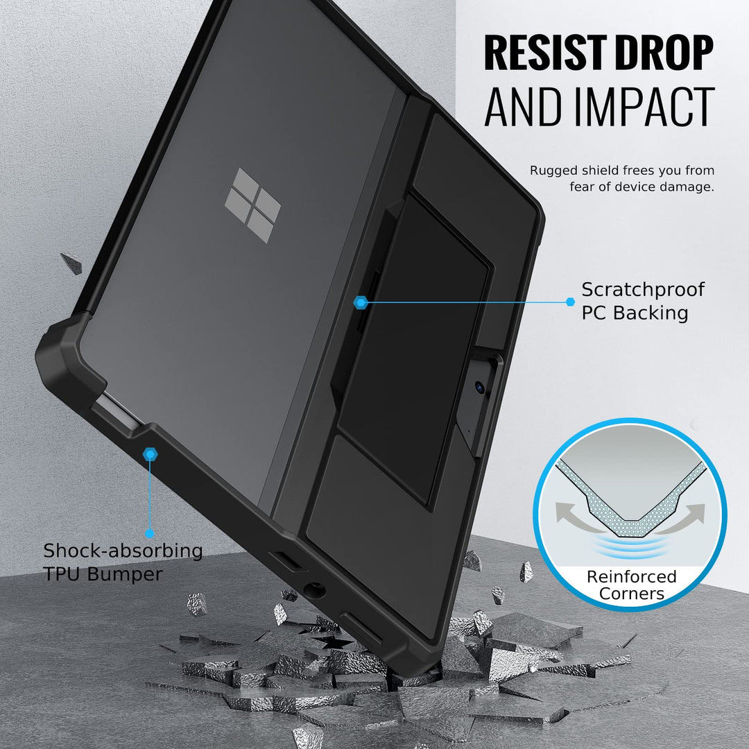 Case Fits Microsoft Surface Pro 8 13 Touchscreen 2021 Release Tablet, All-in-One Protective Rugged Cover Case with Hand Strap, Compatible with Type Cover Keyboard, Black