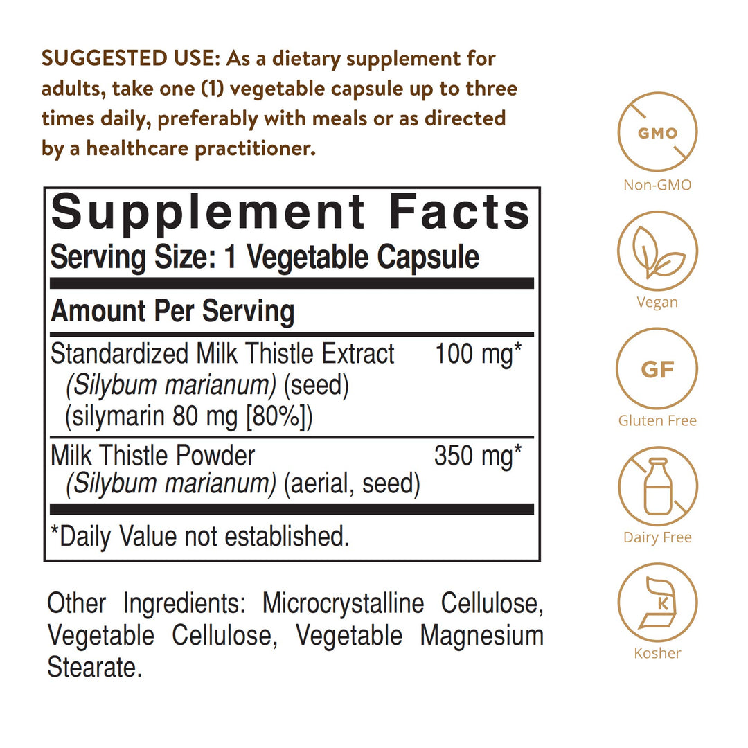 Solgar Milk Thistle, 100 Vegetable Capsules - Liver Support - Full Potency (FP) - Non-GMO, Vegan, Gluten Free, Dairy Free, Kosher - 100 Servings