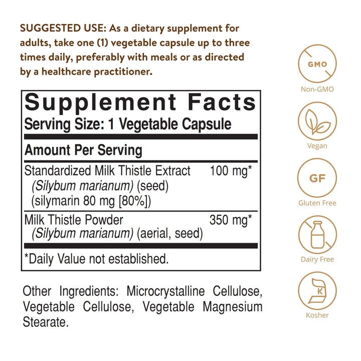 Solgar Milk Thistle, 100 Vegetable Capsules - Liver Support - Full Potency (FP) - Non-GMO, Vegan, Gluten Free, Dairy Free, Kosher - 100 Servings