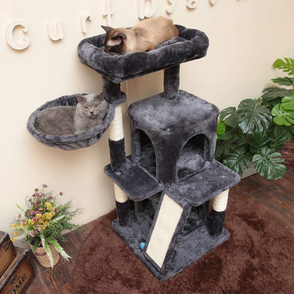 Cat Tree with Scratching Board, 2 Luxury Condos, 41.34 inches Cat Tower with Padded Plush Perch and Cozy Basket, Smoky Gray MPJ004G