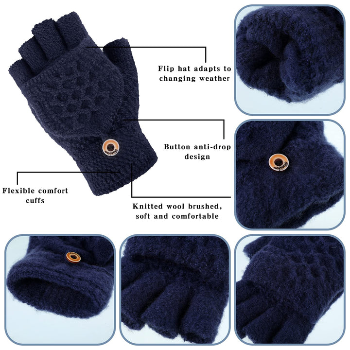 3 Pairs Knitted Convertible Fingerless Gloves Winter Flap Cover Convertible Gloves Warm Mittens for Women (Black, Dark Gray, Navy Blue)