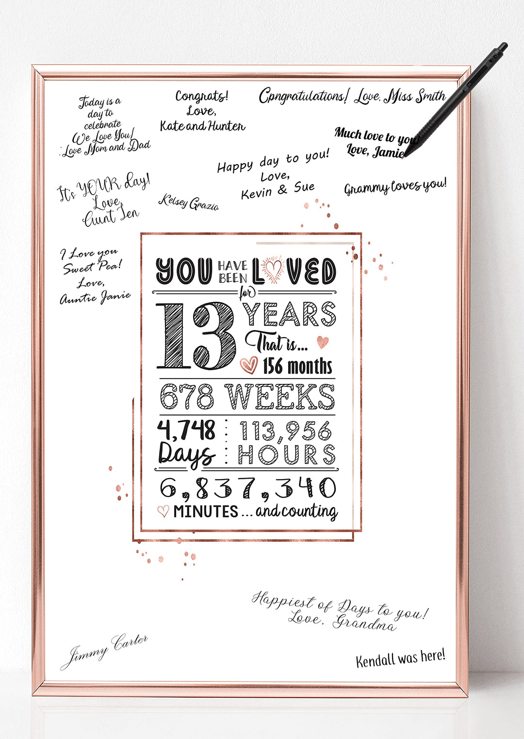 Rose Gold 13th Birthday Decorations for Girls - Cute Guest Book Alternative - Great Teenage Girl Gifts for 13 Year Old Girl or Gift Ideas - 11x17 Loved Sign Poster [Unframed] Rose Gold