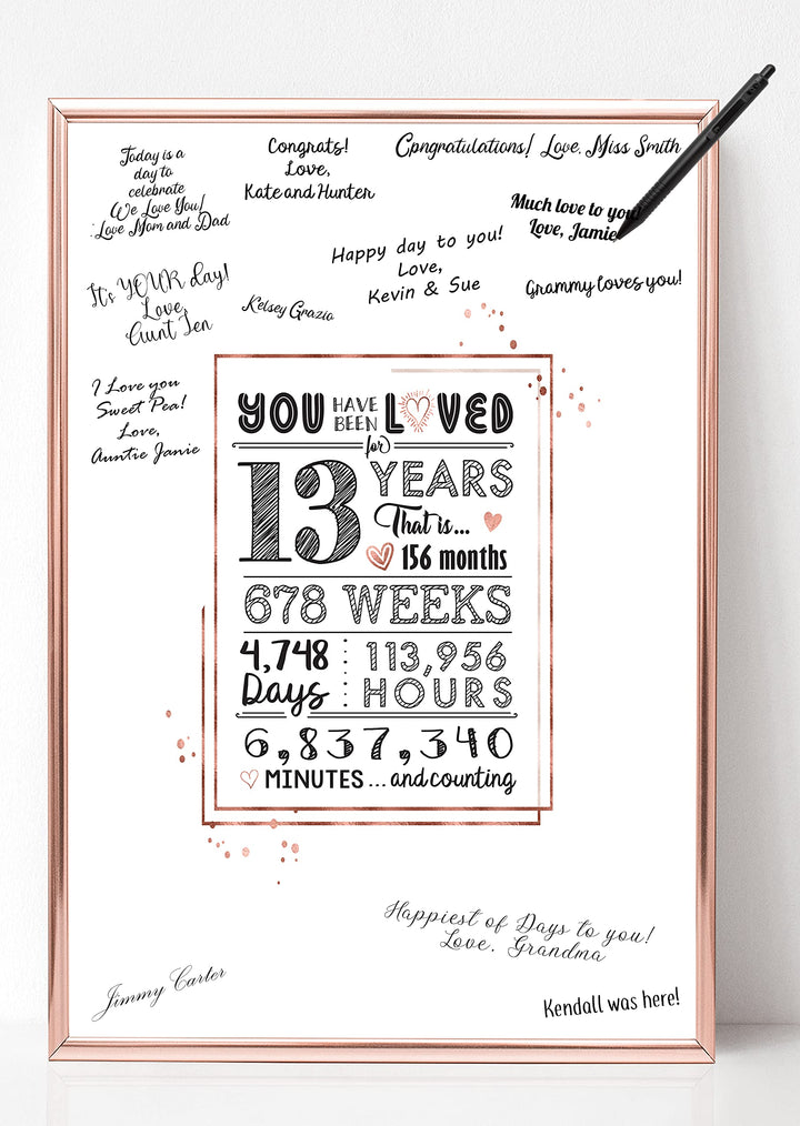 Rose Gold 13th Birthday Decorations for Girls - Cute Guest Book Alternative - Great Teenage Girl Gifts for 13 Year Old Girl or Gift Ideas - 11x17 Loved Sign Poster [Unframed] Rose Gold
