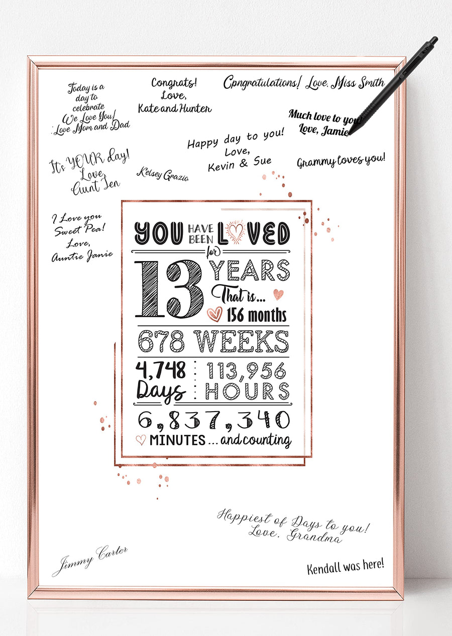 Rose Gold 13th Birthday Decorations for Girls - Cute Guest Book Alternative - Great Teenage Girl Gifts for 13 Year Old Girl or Gift Ideas - 11x17 Loved Sign Poster [Unframed] Rose Gold