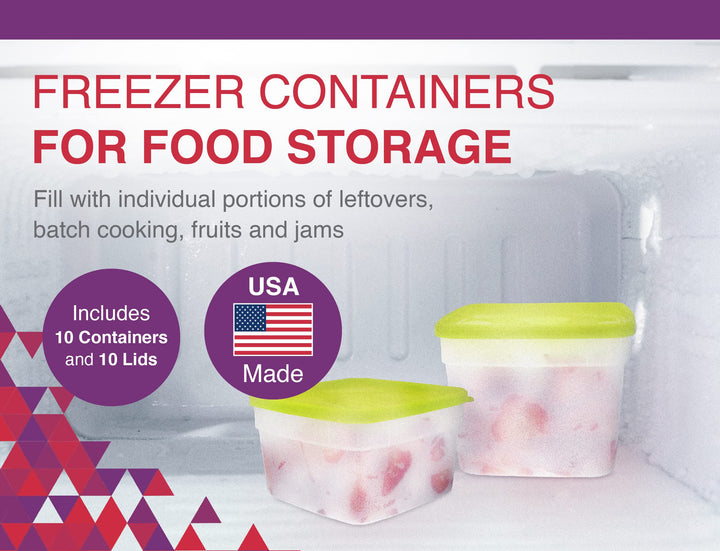 1 Pint Freezer Containers for Food Storage, 10 Pack with Lids - USA Made Reusable Plastic Food Storage Containers - Prep, Store and Freeze - BPA Free, Dishwasher Safe
