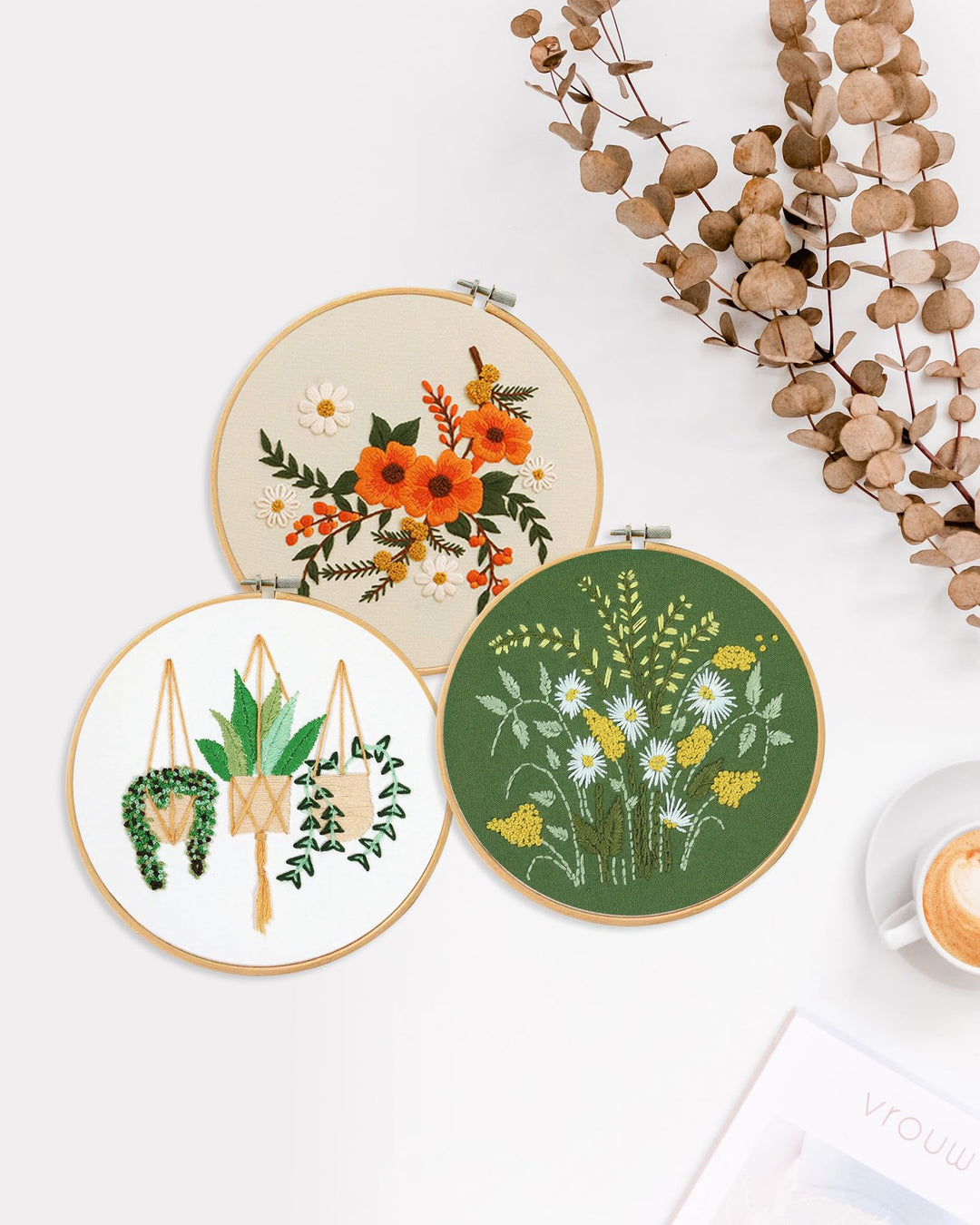 3 Sets Embroidery Kit for Beginners Needlepoint Cross Stitch Kits for Adults,Stitch Learning DIY Kit with Easy Instruction Video,Stamped Floral Embroidery Patterns,Hoop,Threads,Sewing Hobby