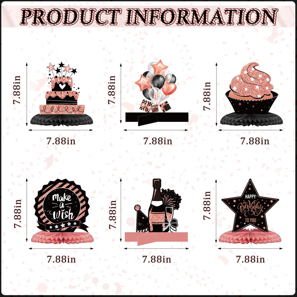 12 Pieces Happy Birthday Decorations Birthday Honeycomb Centerpieces for Table Decorations Birthday Honeycomb Table Topper for Women Men Birthday Theme Party Supplies (Rose Gold, Black)