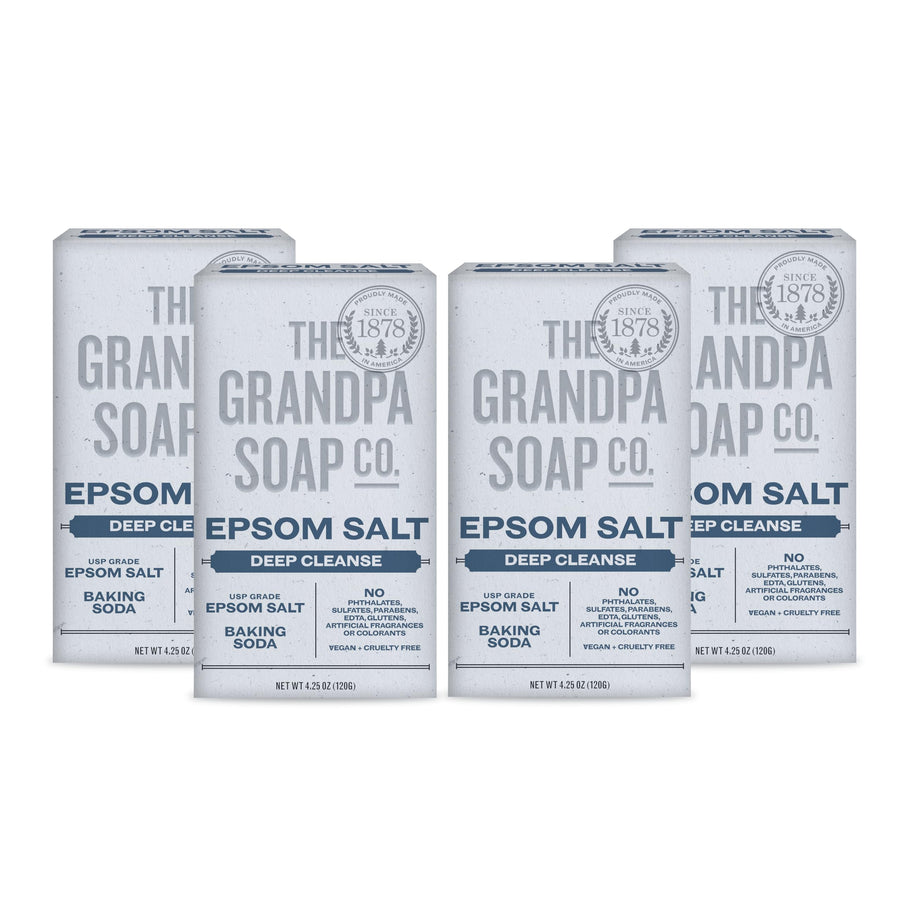The Grandpa Soap Company Epsom Salt Bar Soap - Deep Cleansing Soap, Made with Epsom Salt and Baking Soda, Removes Dirt Grease and Grime, Vegan, for Face and Body, 4.25 Oz, 4 Pack