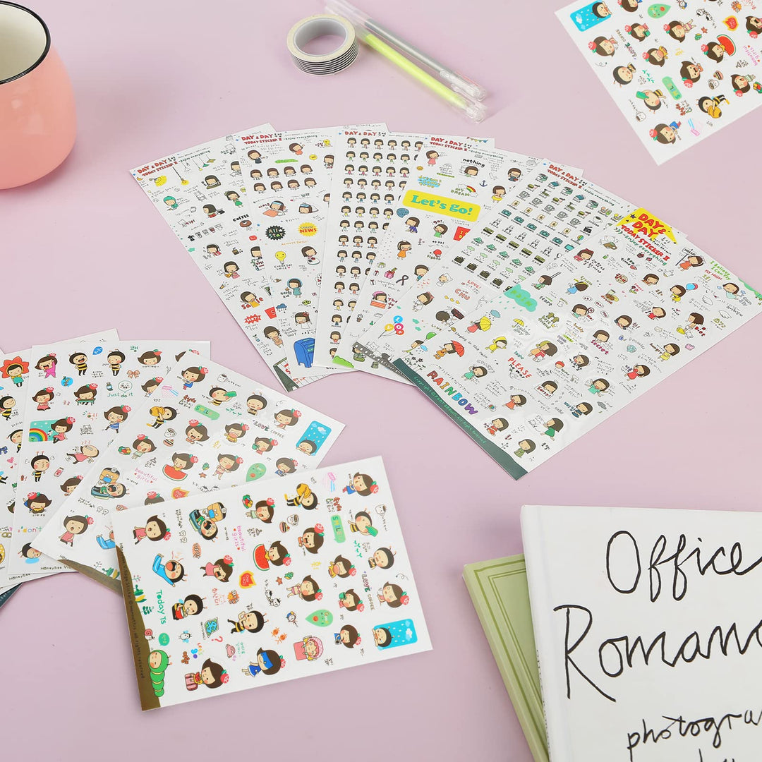 12 Sheets Happy Girl DIY Scrapbook Sticker, Kawaii Cartoon Korean Planner Stickers Set for Diary,Book,Phone and Photo Album
