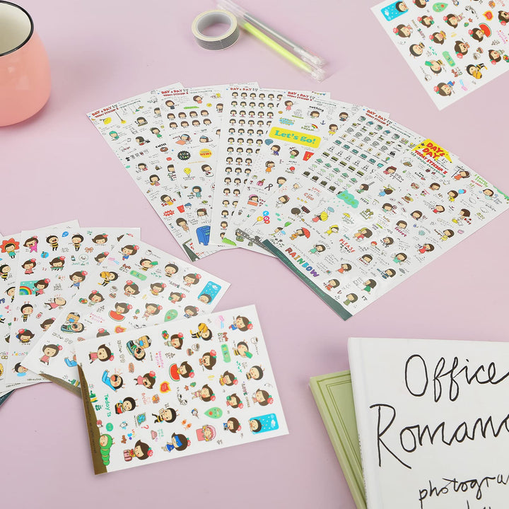 12 Sheets Happy Girl DIY Scrapbook Sticker, Kawaii Cartoon Korean Planner Stickers Set for Diary,Book,Phone and Photo Album