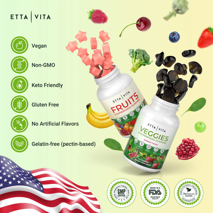 (120 Chews) Fruits and Veggies Supplement - Superfood Fruits and Veggies Gummies (9 Superfruits &amp; 30 Veggies) Mushrooms, Fruit and Vegetable Vitamins, Non-GMO, Pectin-Based, Gluten-Free, No Capsules