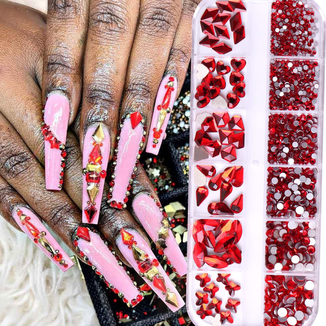 3D Red Rhinestones for Nails Design 810Pcs Nail Art Rhinestone Beads Flatback Gems for Nail Multi 6 Shapes Nails Crystal Diamonds for Nail DIY Craft Makeup Jewelry (A-Red)