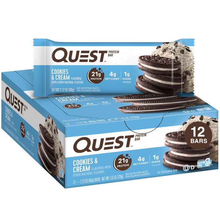 Cookies &amp; Cream Protein Bars, 21g Protein, 1g Sugar, 4g Net Carb, Gluten Free, Keto Friendly, 12 Count