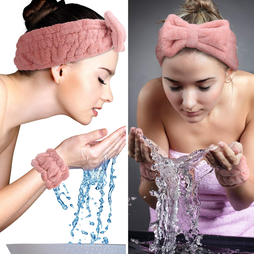 Chuangdi 4 Pcs Microfiber Headband Spa Wristbands and Wrist Bands for Washing Face Cuffs Towel Wristbands Hair Headband Face Wash Cuffs for Women Makeup(Pink)