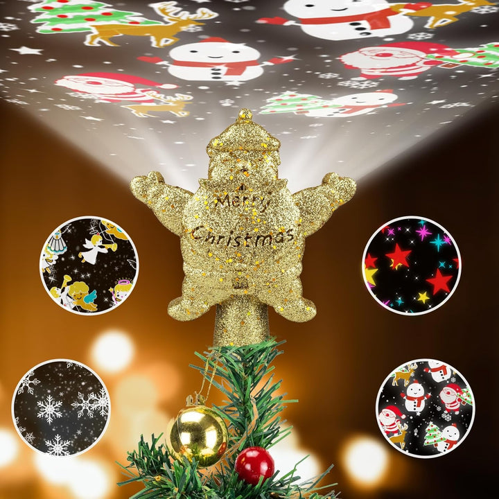 Christmas Tree Topper, Santa Claus Tree Topper with LED Rotating Snowflake Projector Lights, 3D Hollow Santa Claus Tree Topper for Tree Decorations
